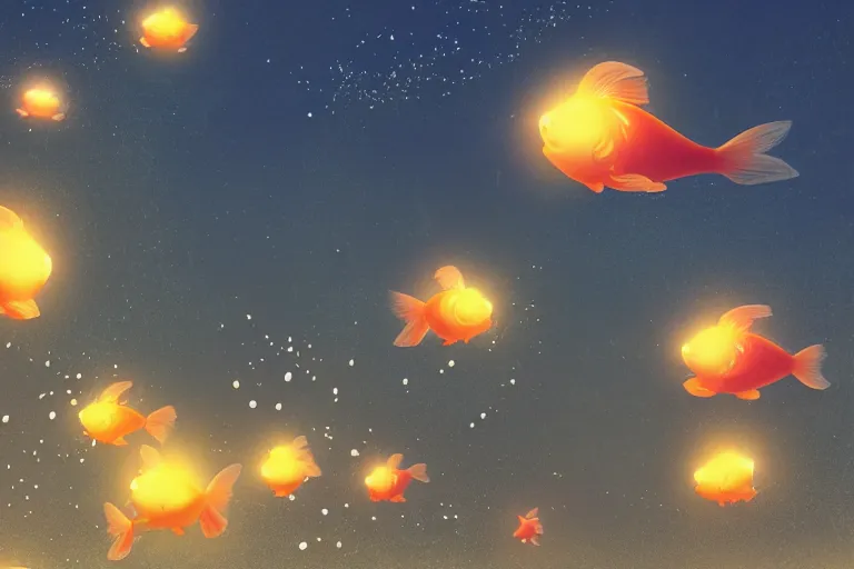 Prompt: fantasy art of glowing goldfish floating in the air, in a japanese town at night, by makoto shinkai, close up, low angle, wide angle, highly detailed digital art, trending on artstation