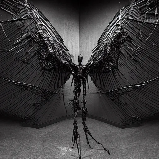Prompt: “3d black metal vaguely winged creature made of glossy black liquid latex and an iron armature, spidery irregular shapes, suspended from ceiling in abandoned tunnel, brutalist, designed by helmut lang, andrei tarkovsky and hr giger, 8k hyperrealistic, hyper-detailed, highly textured, dark volumetric lighting, fine details, muted, octane render, asymmetry” — w 1084 - n 7 —s 30 —i