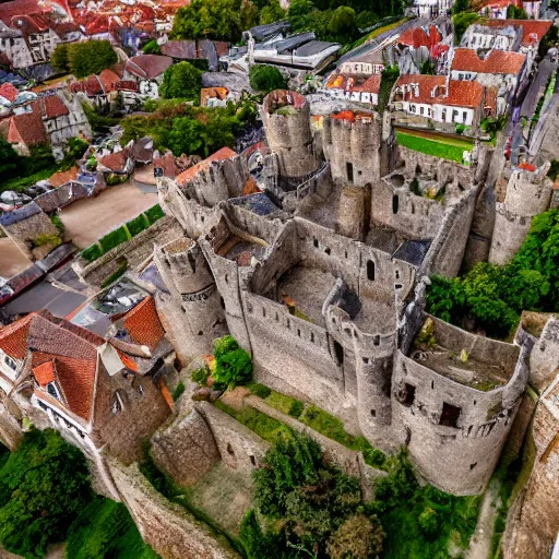 Prompt: tilt shift photo of a medieval walled city