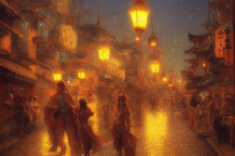 Prompt: fantasy art of glowing goldfish swimming in the air, in the streets of a japanese town at night, with people watching in wonder, by gaston bussiere, highly detailed digital art, trending on artstation