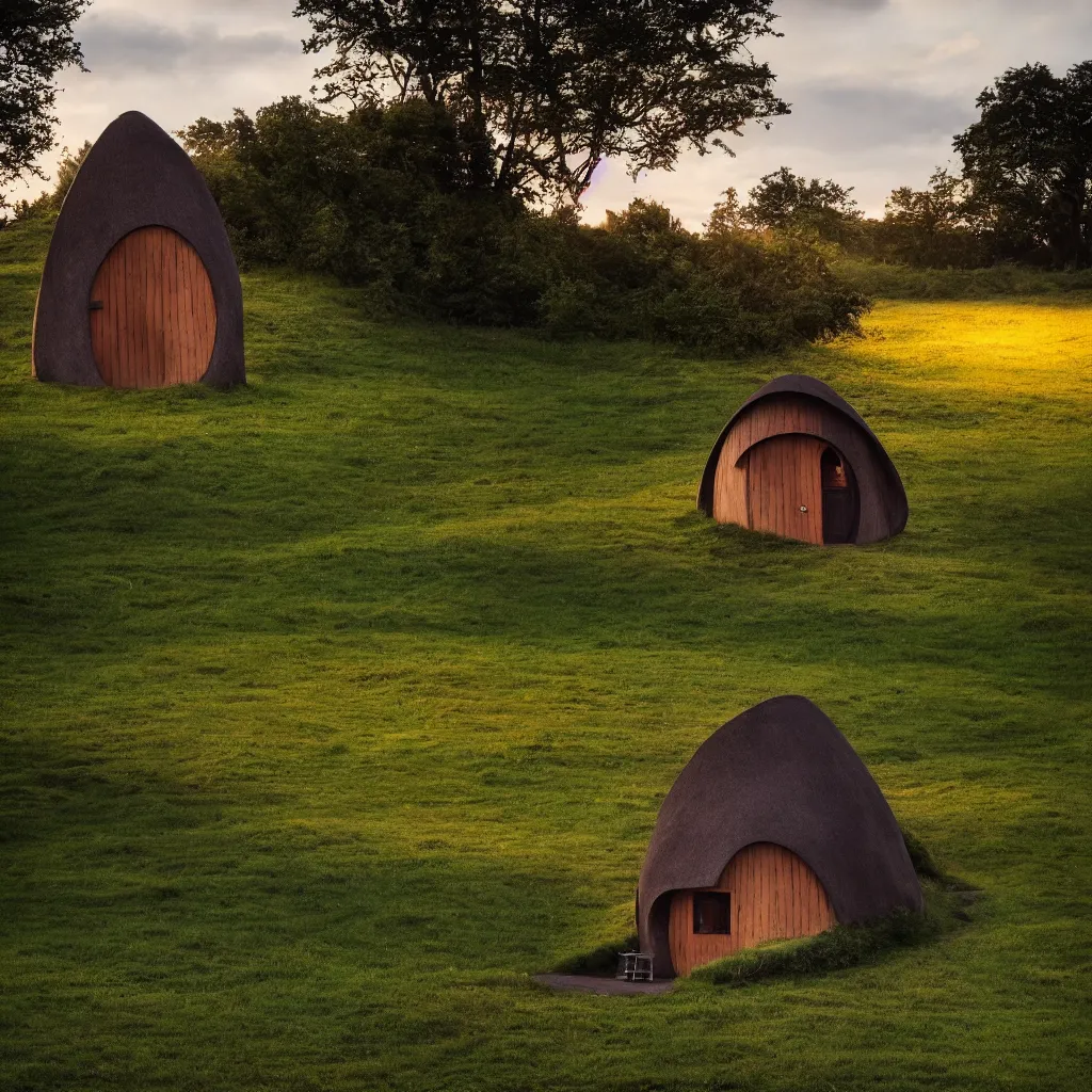 Image similar to a lone techno hobbit house at the top of a tower in the middle of a field, dramatic lighting, award winning, in the style of callebaut, vincent