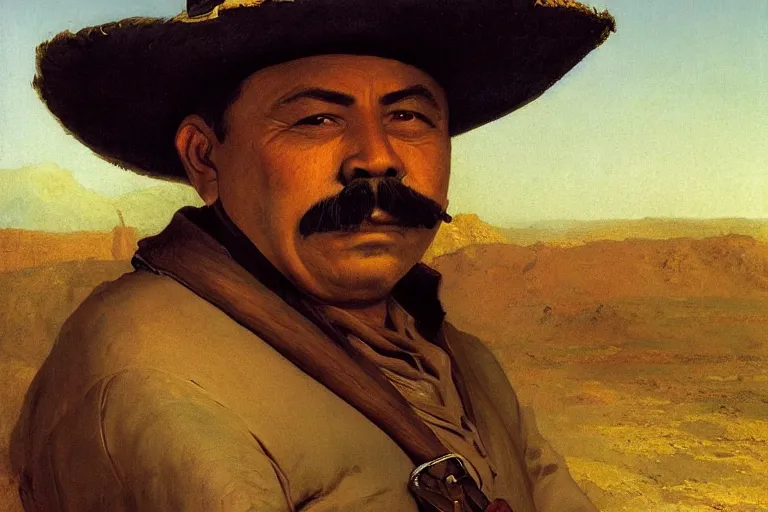 Image similar to a detailed portrait of bruno from encanto dressed as pancho villa, old west bandits, poncho, 1 8 th century south america, art by albert bierstadt and thomas moran