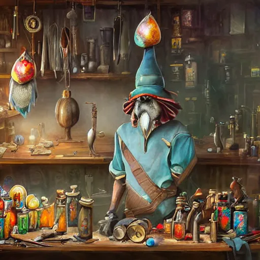 Image similar to Anthropomorphized parrot trader in his shop, art by Greg Rutkowski, shelves full, selling a gem, portrait, items, magic potions, weapons, arcana, carpet, window, fancy funny hat, sly expression , cunning expression, cute expression, presenting magic gem, D&D, fantasy, cinematic lighting, highly detailed, digital painting, artstation, concept art, smooth, sharp focus, illustration, warm light, cozy warm tint, magic the gathering artwork, volumetric lighting, 8k, no gold, no gold colours