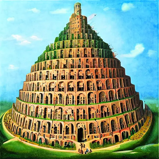 Image similar to a simplified, stylized version of the Tower of Babel, colorful