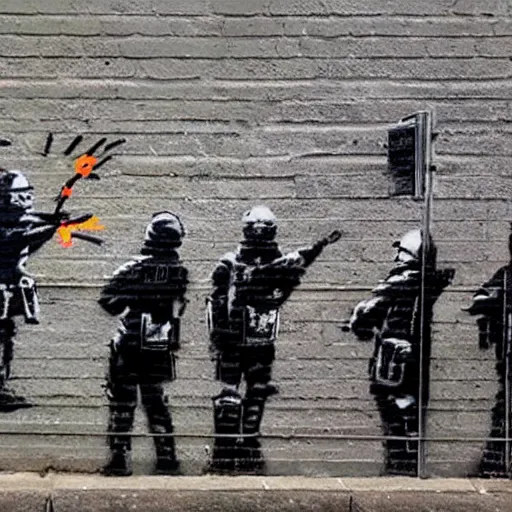 Prompt: photo of banksy graffiti depicting rabbits dressed as riot police