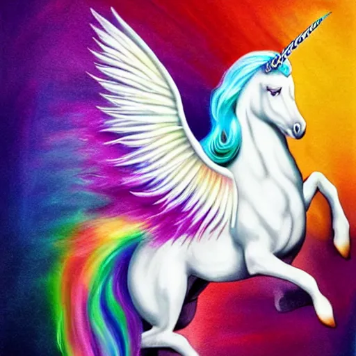 Prompt: luminescent detailed airbrush painting of magical white unicorn with long flowing rainbow colored mane