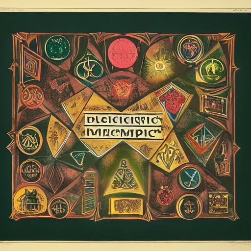 Image similar to < Occult Lithograph containing a connected diagram of colorful magical symbols, reagents, and alchemical devices