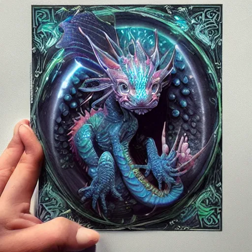 Image similar to a hyperrealistic illustration of a cute and tiny dragon that glows in the dark, dragon baby, glow in the dark, fractal moonlight, little dragon with glowing scales, award - winning, masterpiece, in the style of tom bagshaw, cedric peyravernay, peter mohrbacher