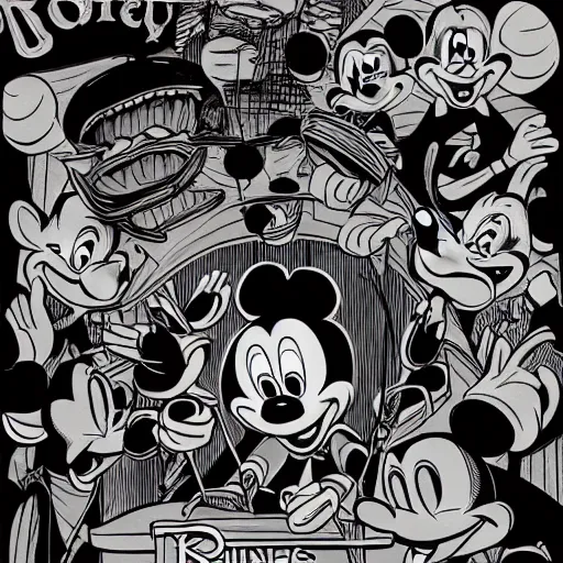 Image similar to artwork by walt disney and robert williams, linework, 4 k