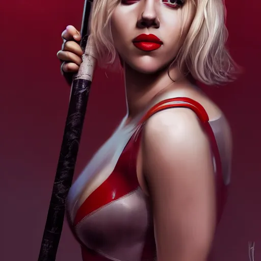 Image similar to Scarlett Johansson as Harley Quinn, holding bat, digital, artstation, cgsociety, 4k, high detail