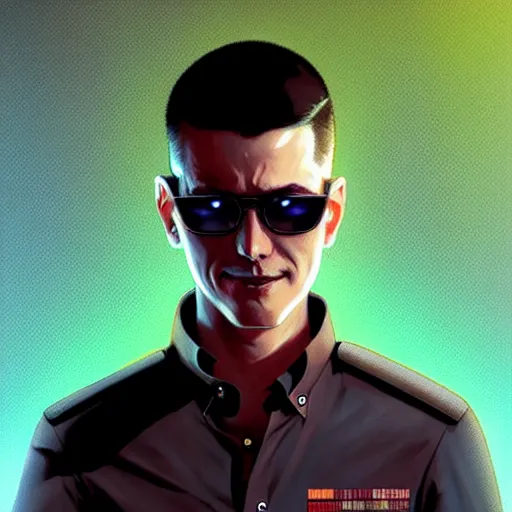 Prompt: detailed character full body portrait of a skinny buzz undercut androgynous federal government agent smirking sunglasses white button down shirt tactical bulletproof kevlar on smoky neon background artgerm greg rutkowski mucha