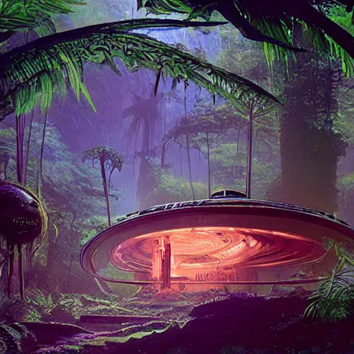 Image similar to alien artifacts in the jungle, lost alien tech, ancient alien tools and houses, tropical forest, moss, glowing alien circles and monuments, alien relic, syd mead, john harris, art station