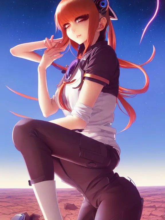 Prompt: full body picture of a cat ear girl on the mars, bored, beautiful and aesthetic, intricate, unreal engine, neat hair, highly detailed, detailed face, smooth, sharp focus, chiaroscuro, manga illustration, artgerm, greg rutkowski, ilya kuvshinov, rossdraws, alphonse mucha, young adult light novel cover art