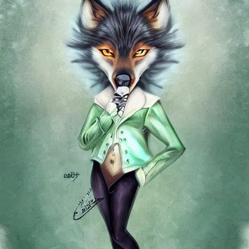 Image similar to Beautiful digital painting, oil painting, anthro anthropomorphic pastel-green androgynous wolf, Punk outfit. lake