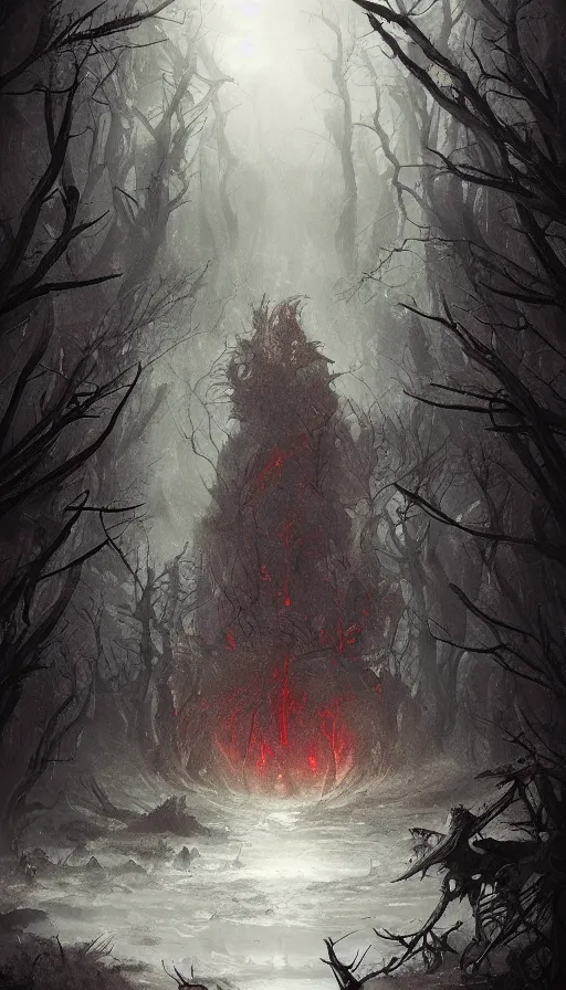 Prompt: a storm vortex made of many demonic eyes and teeth over a forest, by wlop