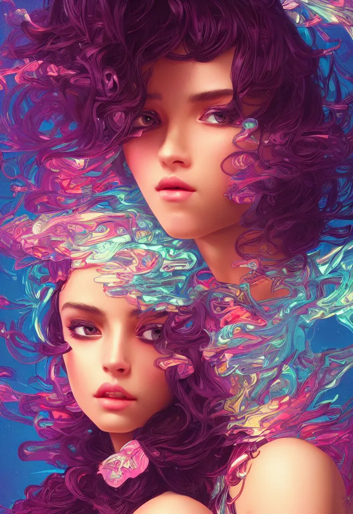 Image similar to beautiful, young woman, detailed gorgeous face, vaporwave aesthetic, synthwave, colorful, psychedelic, artstation, concept art, smooth, extremely sharp detail, finely tuned detail, ultra high definition, 8 k, unreal engine 5, ultra sharp focus, illustration, art by artgerm, greg rutkowski and alphonse mucha