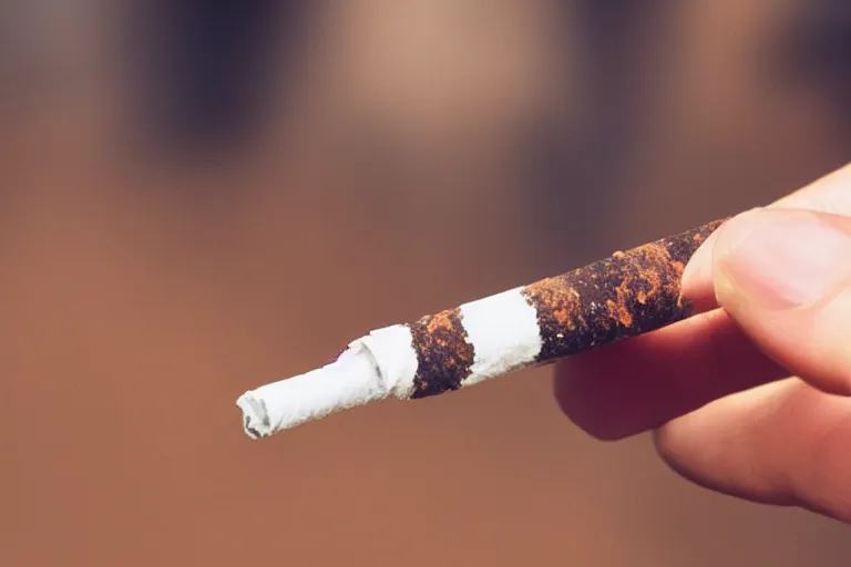 Image similar to A photo of thin soft hand holding cigarette with smoke, hyper realistic