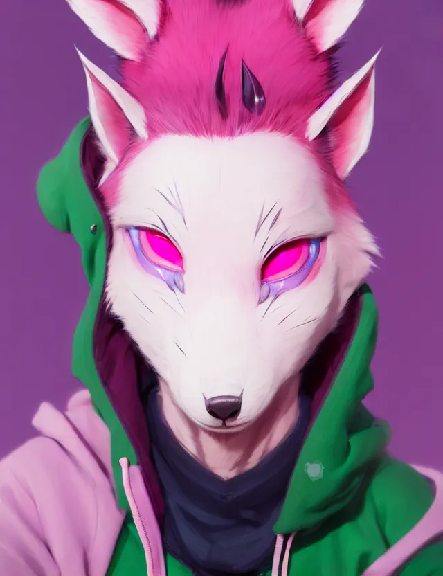 Prompt: a beautiful headshot portrait of a cute anime male with pink hair and pink wolf ears wearing a hoodie. piercings. green eyes. character design by cory loftis, fenghua zhong, ryohei hase, ismail inceoglu and ruan jia. artstation, volumetric light, detailed, photorealistic, fantasy, rendered in octane