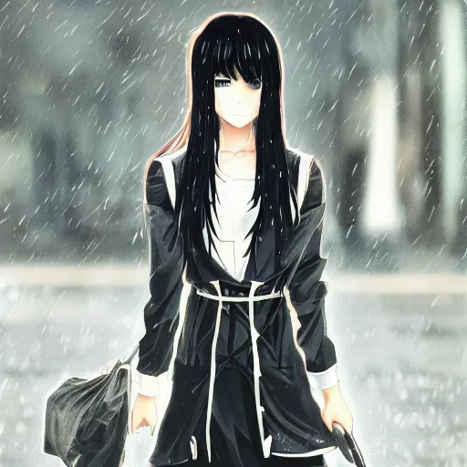 Image similar to 1 7 - year - old anime goth girl, black hair, long bob cut, long bangs, gothic coat, long bangs, united kingdom, rainy day, small town, midlands, english village, street scene, ultra - realistic, sharp details, cold lighting, blue and gray colors, intricate details, subsurface scattering, hd anime, 2 0 1 9 anime