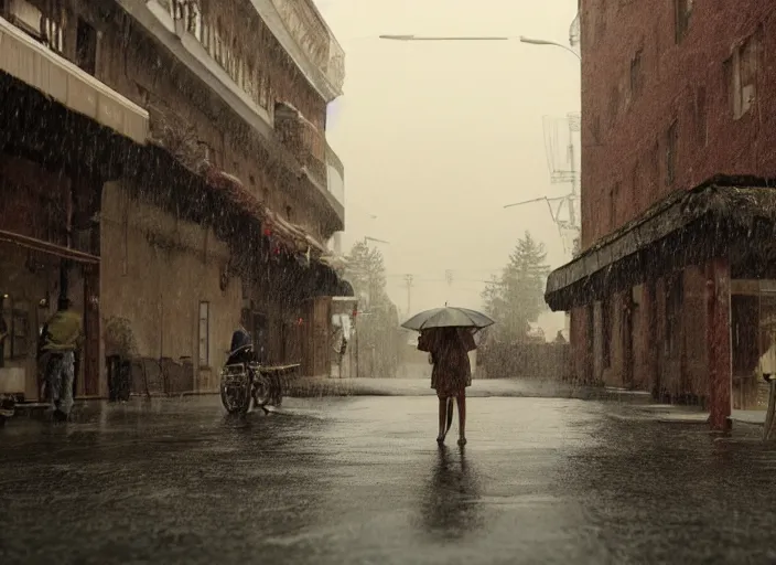 Image similar to A very high resolution image from a new movie, landscape, raining, hot, directed by wes anderson