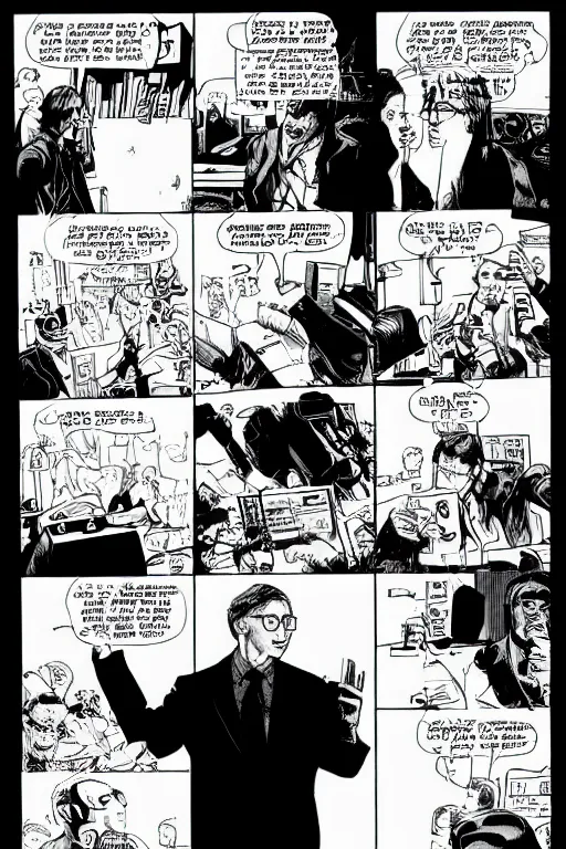 Image similar to bill gates presenting the microsoft xbox at ces 2 0 0 1, a page from cyberpunk 2 0 2 0, style of paolo parente, style of mike jackson, adam smasher, johnny silverhand, 1 9 9 0 s comic book style, white background, ink drawing, black and white