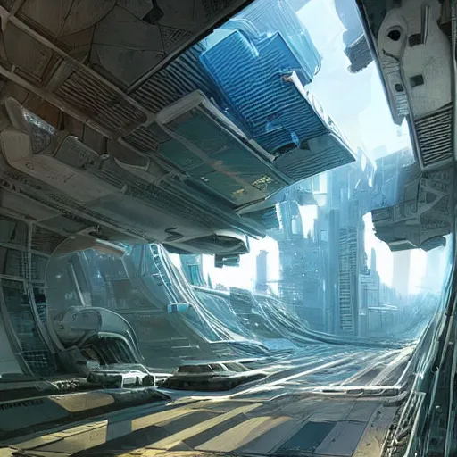 Image similar to overgrown futuristic cityscape located under a bridgeway, world seen only through a portal, daylight, cinematic perspective, cinematic lighting, blue sky, syd mead, john harris, symmetrical