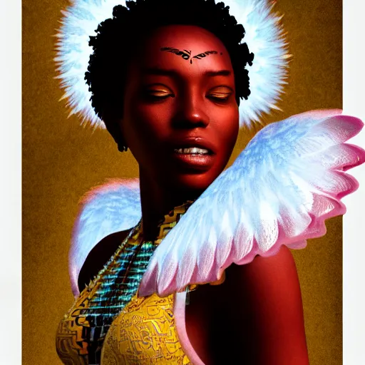 Image similar to Portrait of a Afro caribbean with angel wings, and a glowing halo, white lighting, digital art by Eiichiro Oda, highly detailed, trending on artstation, award winning,