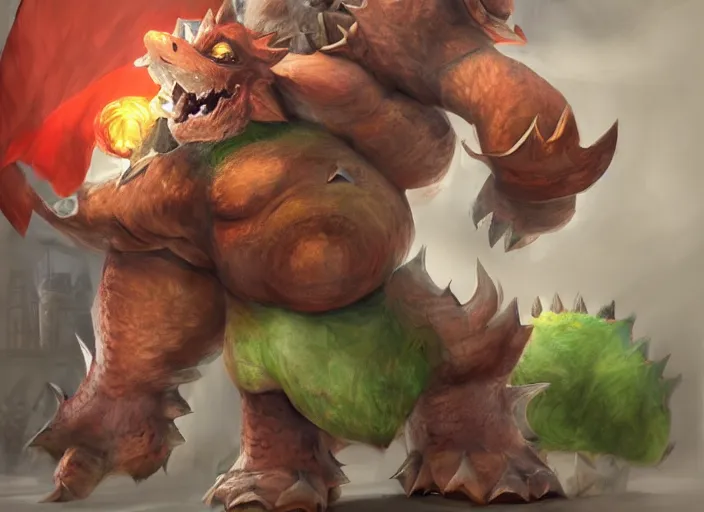 Image similar to detailed concept art of a huge giant bowser by cheng yi and luolin, aartstation, artstationhd, detailed scales, spiky and red hair tuft. bowser, bowser nintendo, koopa, ~ bowser # bowser ( ( mario ) ) bcy. net, realistic. cheng yi