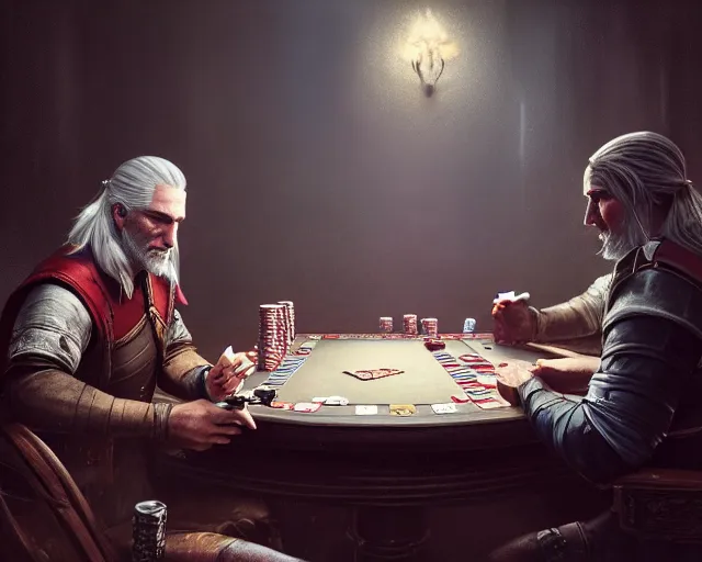 Image similar to 5 5 mm portrait photo of geralt playing poker. magical atmosphere. art by greg rutkowski. highly detailed 8 k. intricate. lifelike. soft light. nikon d 8 5 0.