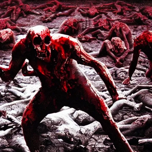 Image similar to demon eating man flesh on a huge pile of dead bloody bodies, rivers of blood running down, black ground, black sky, red sun