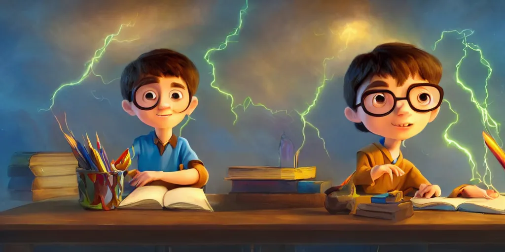 Image similar to a young boy wizard with brown hair and is standing at his desk working on a new spell that is casting out flowing energy, colorful, flowing energy, light rays, consistent face, medium shot, waist up, pixar and disney animation, sharp, concept art, highly detailed, trending on artstation, bloom, dramatic lighting, cinematic