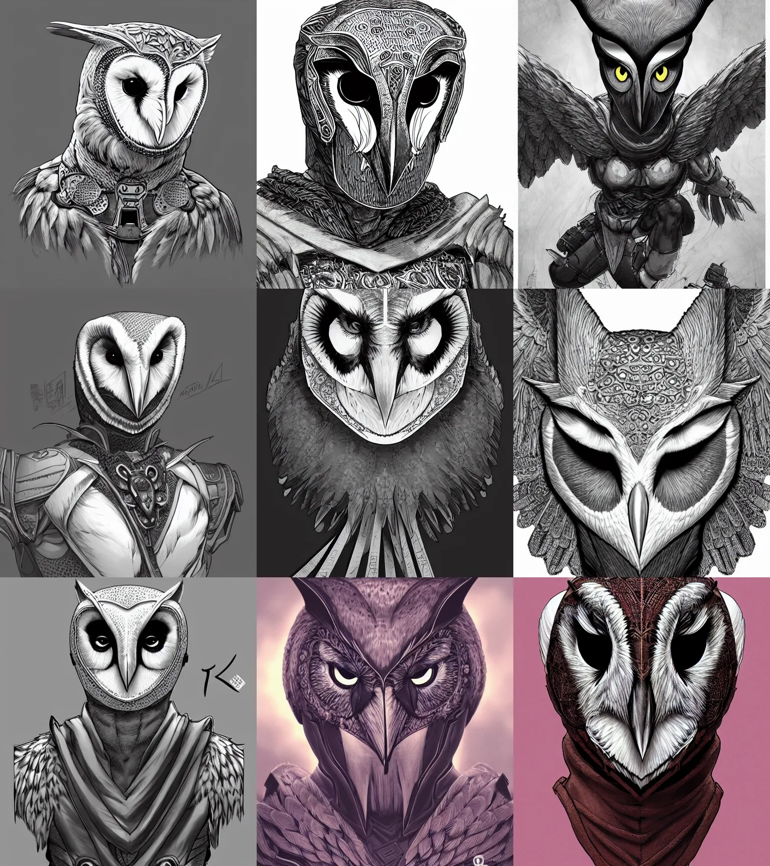 Prompt: portrait a new hero barn owl based, dc style, barn owl symbol in chest, barn owl mask, hand wraps, by yusuke murata and masakazu katsura, artstation, highly - detailed, cgsociety, pencile and ink, city in the background, dark colors, intricate details