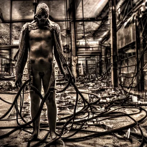 Prompt: a human figure wrapped in electrical wiring in a dirty abandoned industrial wasteland, moody, atmospheric, cinematic