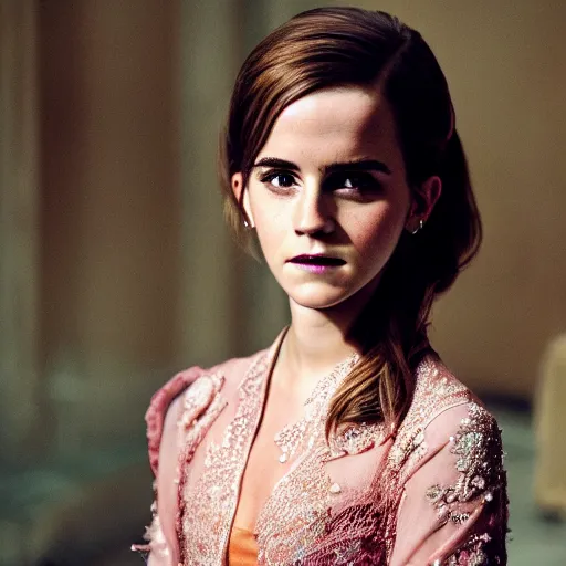 Image similar to 3 5 mm coloured film portrait of emma watson wearing kebaya, hyperrealism, photorealistic, detailed, atmospheric, 8 k, award winning photography, cinematic