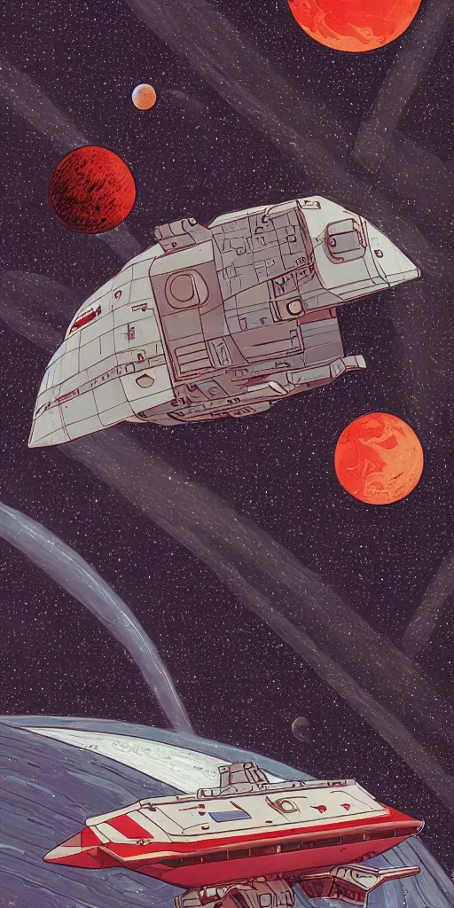 Image similar to illustration of a retro sci fi spaceship. the ship is white with two red stripes. Landscape image of a spaceship with a planet and stars in the background. Moebius. digital painting. extremely detailed science fiction art. high resolution image.