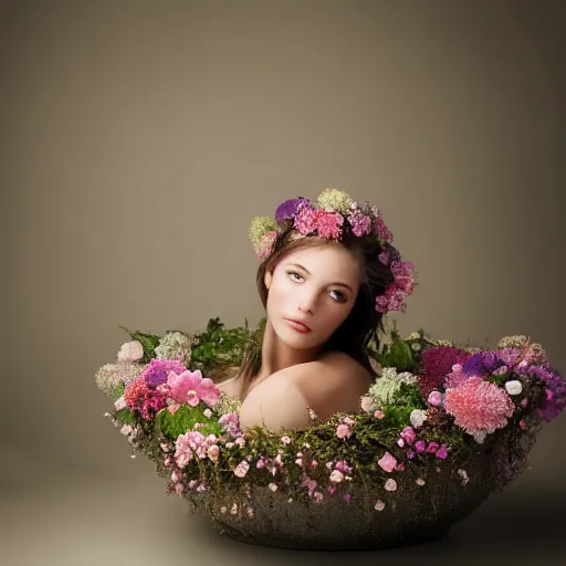 Image similar to photorealistic digital portrait of cute girl model, hair of flowers, in a gold bathtub full of flowers, natural lighting, 5 0 mm still image, artistic, award winning, elegant, by annie leibovitz,