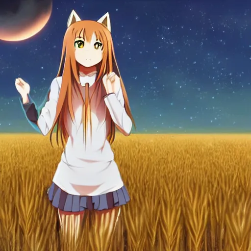 Image similar to anime illustration of Holo from Spice and Wolf standing in a wheat field at sunset, Holo if a wolf girl, high detail, trending on pixiv