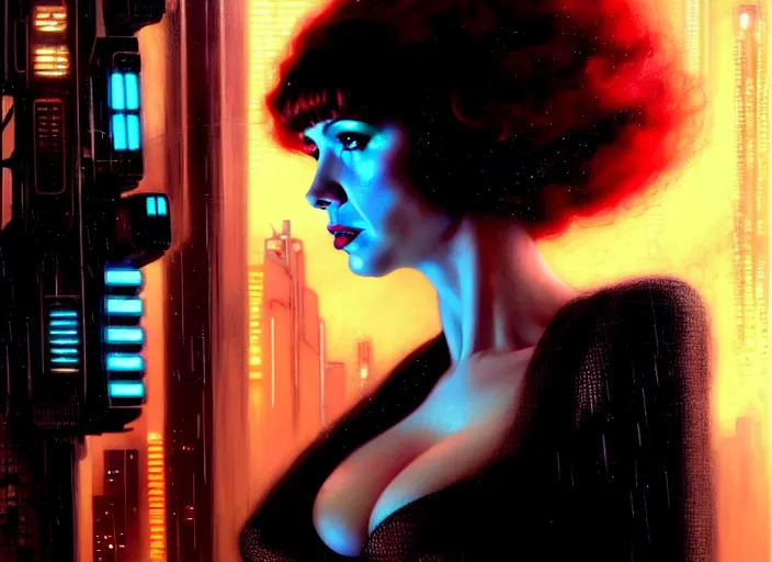 Image similar to film still of christina hendricks in bladerunner wearing a cyberpunk costume, frontal view, intricate, elegant, highly detailed, centered, digital painting, artstation, concept art, smooth, sharp focus, illustration, artgerm, tomasz alen kopera, peter mohrbacher, donato giancola, joseph christian leyendecker, wlop, boris vallejo