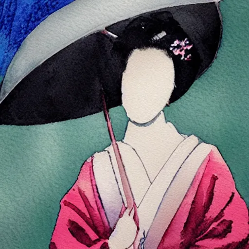 Prompt: dramatic closeup portrait of a geisha holding and umbrella in a rainstorm at dusk : dynamic lighting watercolor