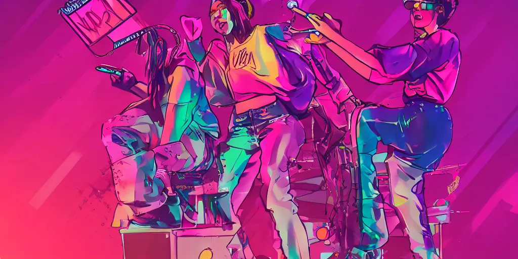 Image similar to lady rapper performing on stage, waist up, side of frame, digital art, vapor wave, hip hop, trending on Artstation, professional artist, detailed, 4k