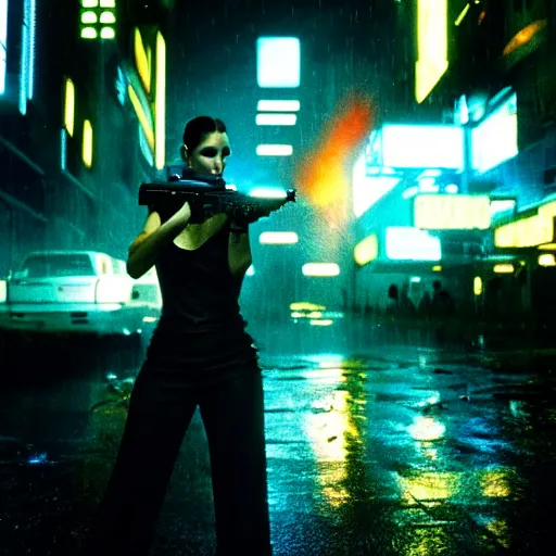 Image similar to jennifer connelly starring in a cyberpunk movie in a distopic futuristic city in the style of bladerunner, firing a gun, muzzle flash, movie still, highly detailed, rainy night, volumetric lights, dramatic, scifi, sharp focus