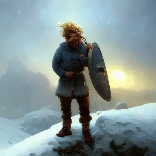 Image similar to epic portrait an male viking eating loaf of bread, winter, blizzardy weather, mountains backround, long blonde beard, snowy hair, broad light, ambient occlusion, volumetric light effect, made by ivan aivazovsky, peter mohrbacher, greg rutkowski, matte painting, trending on artstation, 4 k, perfectly defined features, digital painting,