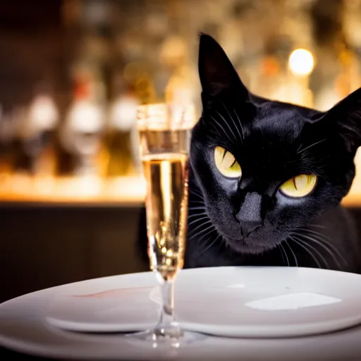 Prompt: a photo of a black cat drinking expensive champagne in a fancy dark bar, mood lighting, underexposed, f 1. 8, iso 1 6 0 0