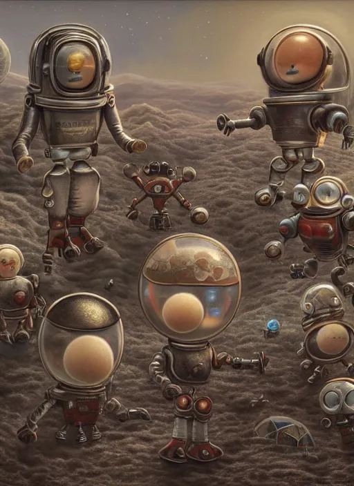 Image similar to highly detailed closeup, group portrait of a 1 8 8 0 s retro toy robots land on the moon, unreal engine, nicoletta ceccoli, mark ryden, earl norem, lostfish, global illumination, detailed and intricate environment