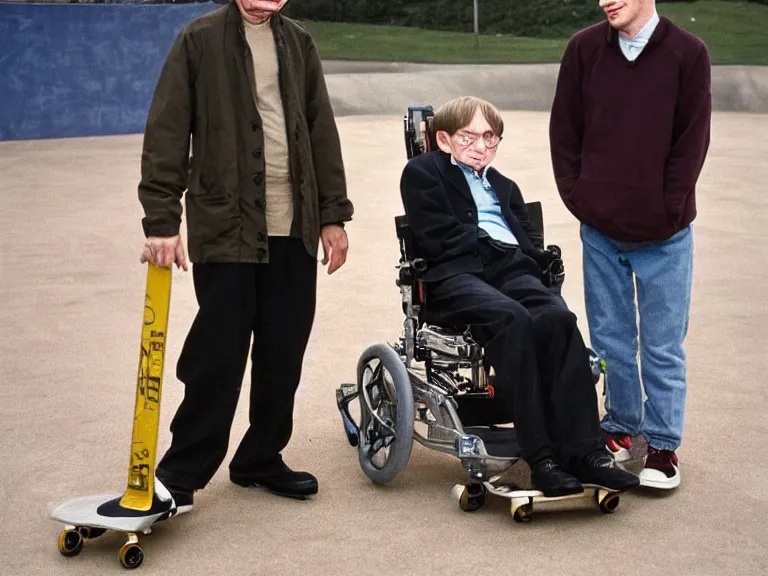 Image similar to a color photo of Stephen hawking in a Skatepark