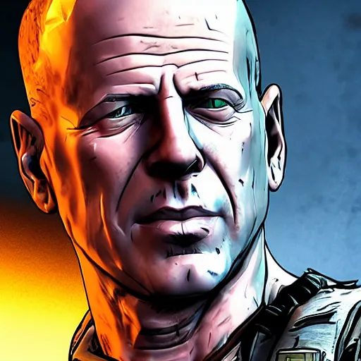 Image similar to bruce willis portrait, borderlands, tales from the borderlands, the wolf among us, comic, cinematic lighting, studio quality, 8 k