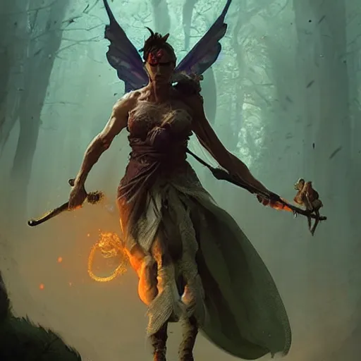 Image similar to scary godlike fairy killing a frog , muscular , upper body , epic , traditional makeup , gorgeous features , Post-processing , low angle , Greg rutkowski legendary matte painting , masterpiece