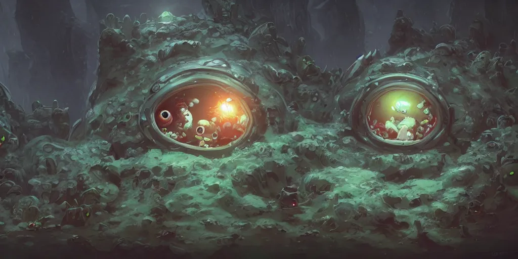 Prompt: 3 6 0 degree fisheye lens shot of cute little slime monsters peter morbacher, ross tran, greg rutkowski, intricate details, trending on artstation, cinematic lighting, digital painting, sharp focus, no blur, octane render, artgerm