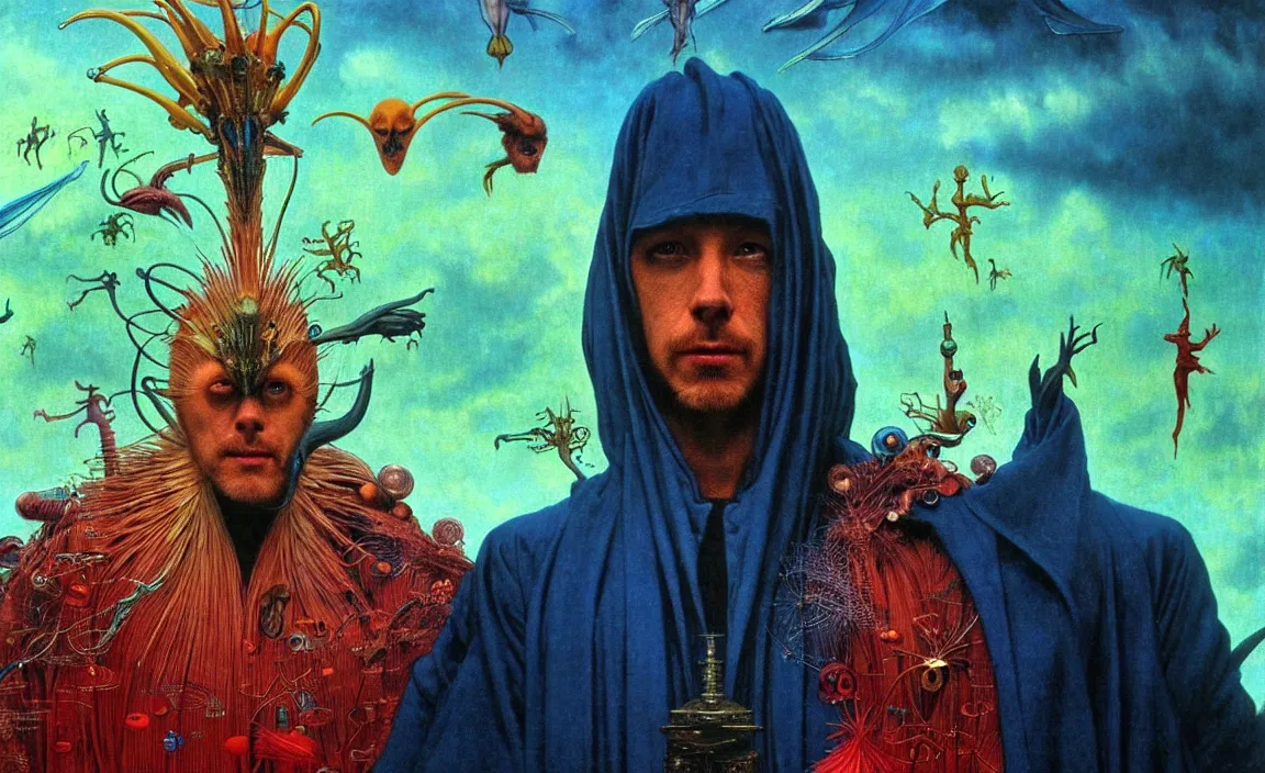 Image similar to realistic detailed portrait movie shot of a birdman wearing a dark robes, sci fi city landscape background by denis villeneuve, amano, yves tanguy, alphonse mucha, ernst haeckel, max ernst, roger dean, masterpiece, rich moody colours, dog teeth, blue eyes