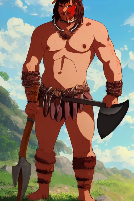 Image similar to bull barbarian wearing a loincloth holding an axe, fursona, anthro, male, detailed fur, anime key visual, portrait, makoto shinkai